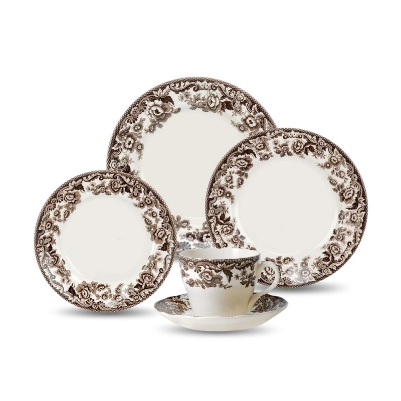 Spode Delamere 5-Piece Place Setting â€“ Rich Brown British Flowers Border, Includes Dinner, Salad, Bread Plates with Teacup & Saucer â€“ Fine Earthenware, Dishwasher, Microwave, Oven & Freezer Safe - Image 1